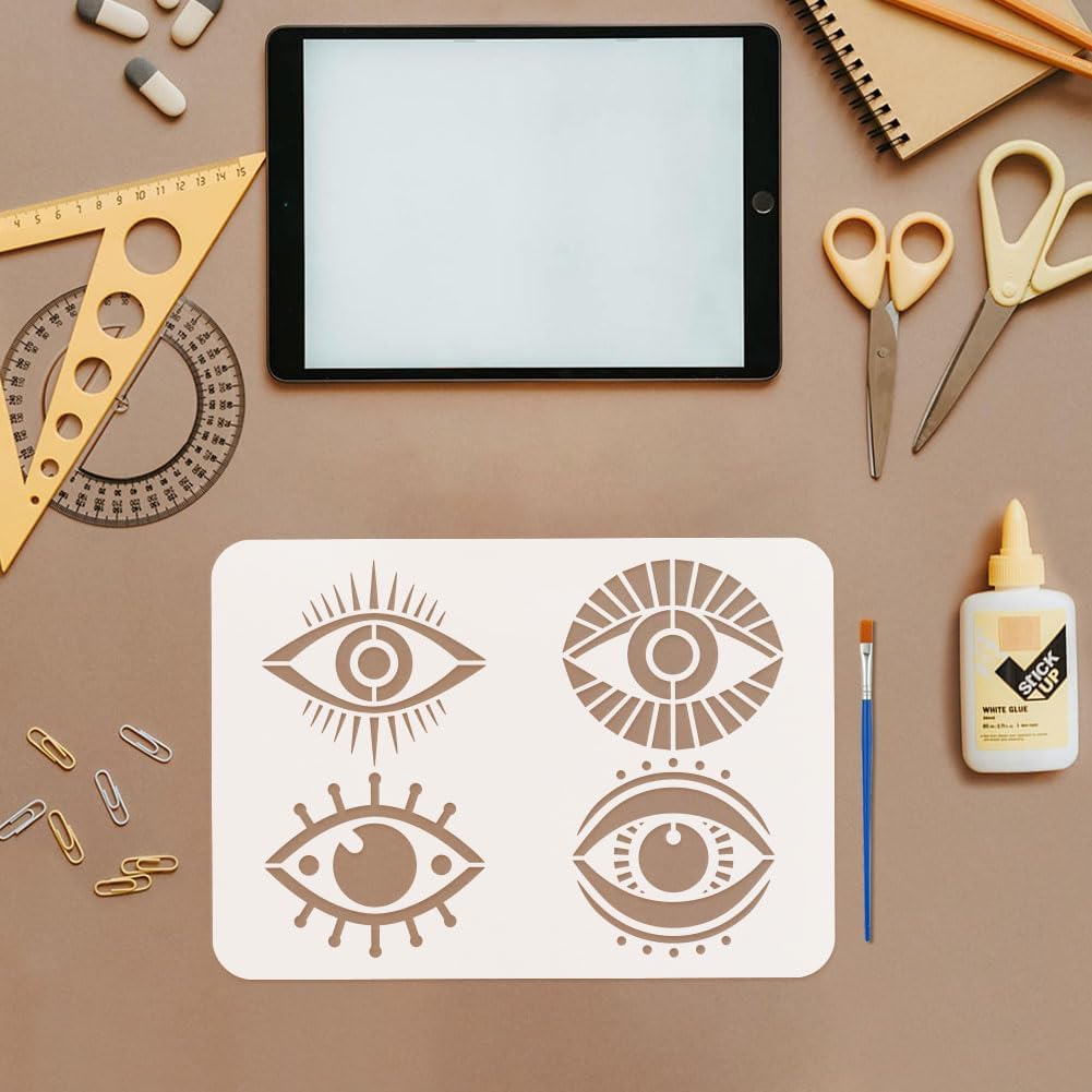 FINGERINSPIRE Devil's Eye Stencil with Paint Brush 8.3x11.7inch 4 Styles Evil Eyes Pattern Drawing Template Reusable Evil Eyes Pattern Stencil for Painting on Wall, Canvas, Tile, Furniture