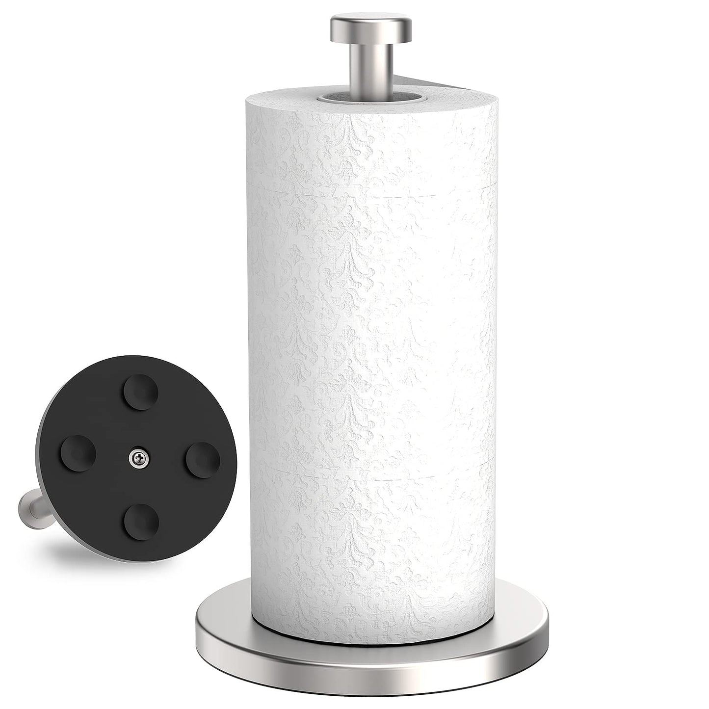 VEHHE Paper Towel Holder Countertop, Stainless Steel Paper Towel Holder Stand with Weighted Base Suction Cups, Standing Paper Towel Roll Holder for Kitchen Bathroom (Silver)