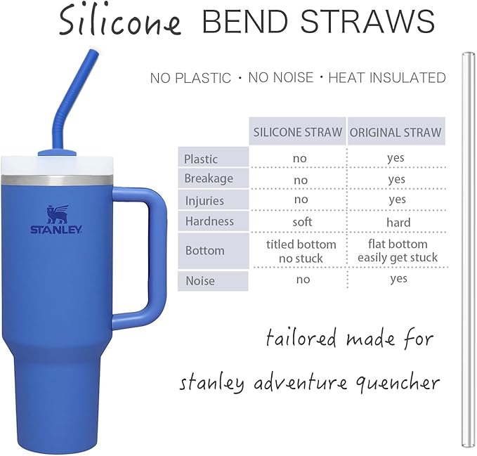 Stanley Cup Accessories 14” Extra Long Silicone Reusable Replacement Drinking Straws for 40 oz Quencher Tumbler,Wine Bottle-Blue Iris,Green Citron,Charcoal,Light Brown With Bendable Brush