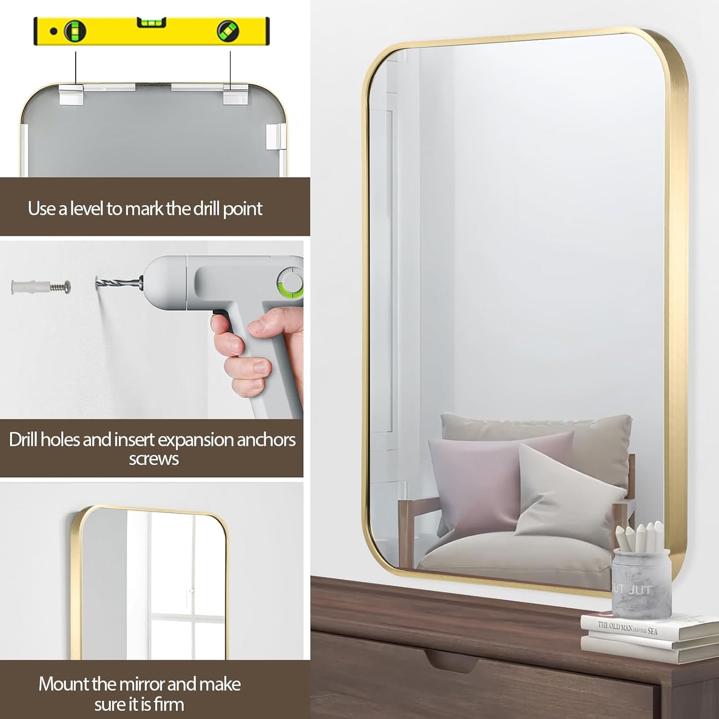 Gold Bathroom Mirror, 22x30 Inch Brushed Gold Mirror, Aluminum Alloy Framed Vanity Mirror, Rounded Rectangle Mirror for Over Sink, Anti-Rust Wall Mirror (Horizontally or Vertically)