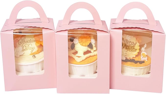 Bakepacker Auto-pop up Individual Cupcake Boxes with Window 25 Count Pink Single Cupcakes Box 3.7 x 3.7 x 4.3inch Cupcake Carrier