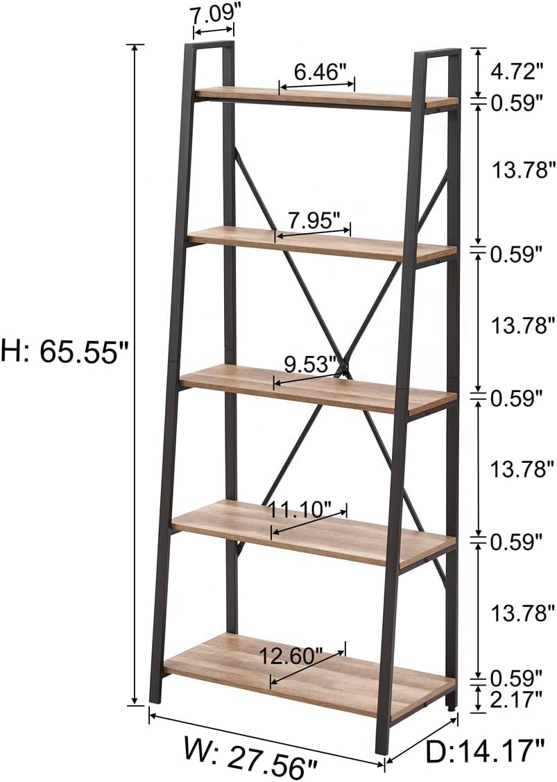 BON AUGURE Industrial 5 Tier Ladder Bookshelf, Wood and Metal Ladder Shelf Bookcase, Farmhouse Leaning Shelves for Living Room (Vintage Oak)