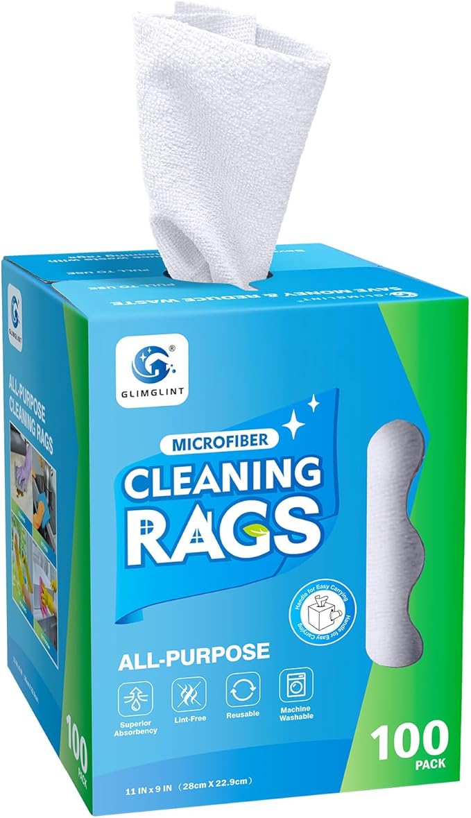 GLIMGLINT Microfiber Cleaning Cloth, 100 Pack Shop Towels, Lint-Free, Ultra Absorbent Reusable or Disposable Microfiber Cloths for Kitchen, Car, Cleaning Rags, 11" x 9", White