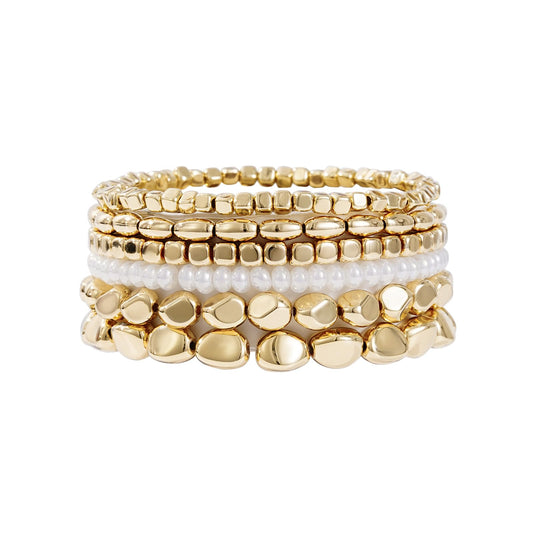 Sajidos Gold Plated Beaded Bracelets for Women Trendy, 14K Gold Plated Stack Cross Pearl Bead Stretch Bracelets Set Elastic Hypoallergenic Bracelets Jewelry Gifts (style9)