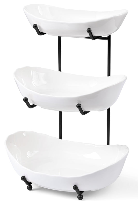 HBlife Fruit Bowl for Kitchen Counter - 3 Tier Ceramic Fruit Rack, Fruit Basket for Fresh Fruit&Veggies, Tiered Fruit Platter Serving Trays for Party