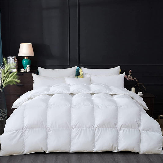 Luxurious Goose Down Feather Fiber Comforter Duvet Insert, Exquisite Solid White Design, Oversize Palatial King White 120 x 98, Premium Baffle Box 100% Egyptian Cotton, 80 oz Fill Weight