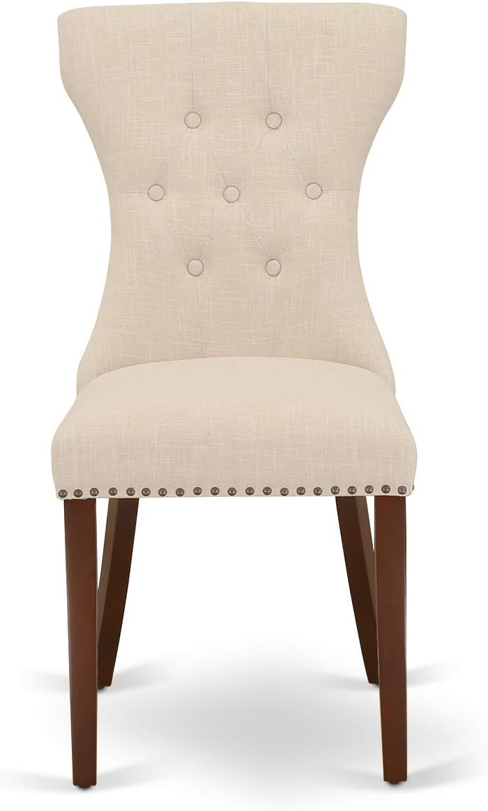 East West Furniture ESGA3-MAH-32 3 Piece Dining Table Set for Small Spaces Contains a Round Wooden Table with Pedestal and 2 Light Beige Linen Fabric Parson Chairs, 30x30 Inch, Mahogany