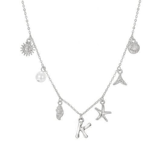JALZEMPL Initial Charm Necklace For Women Seashell Shell Letter Boho Summer Beach Starfish 14k Gold Plated Silver Pendant Surfer Jewelry Gifts (K,Silver)