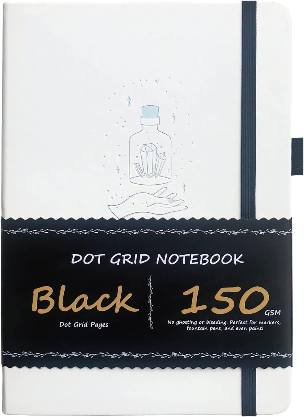 BUKE Dotted Journal A5 Hardcover Notebook- 160 Dot Grid Pages 150g Black Paper - Black PU Leather Hardcover 5.75" x 8.5" and Gift Box Mystery Bottles (BKB-2)