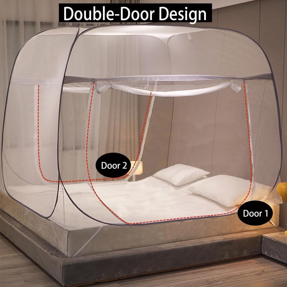 Pop-Up Mosquito Net Tent for Beds Portable Folding Canopy with Net Bottom, Fits Twin to King Size 79x71x59inch, Easy Install Wash for Baby Adults, Indoor Outdoor Use (Blue-Queen Bed)
