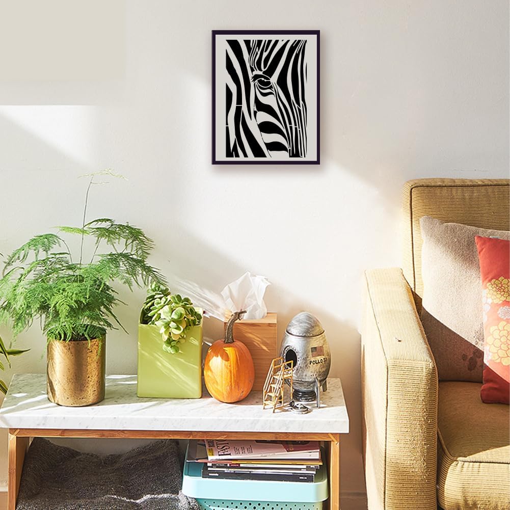 FINGERINSPIRE Peek at Zebras Stencil with a Paint Brush 11.7x8.3Inch Abstract Zebra Pattern Painting Stencil Reusable PET Animal Themes Decoration Template for Painting on Wood Wall Floor Furniture