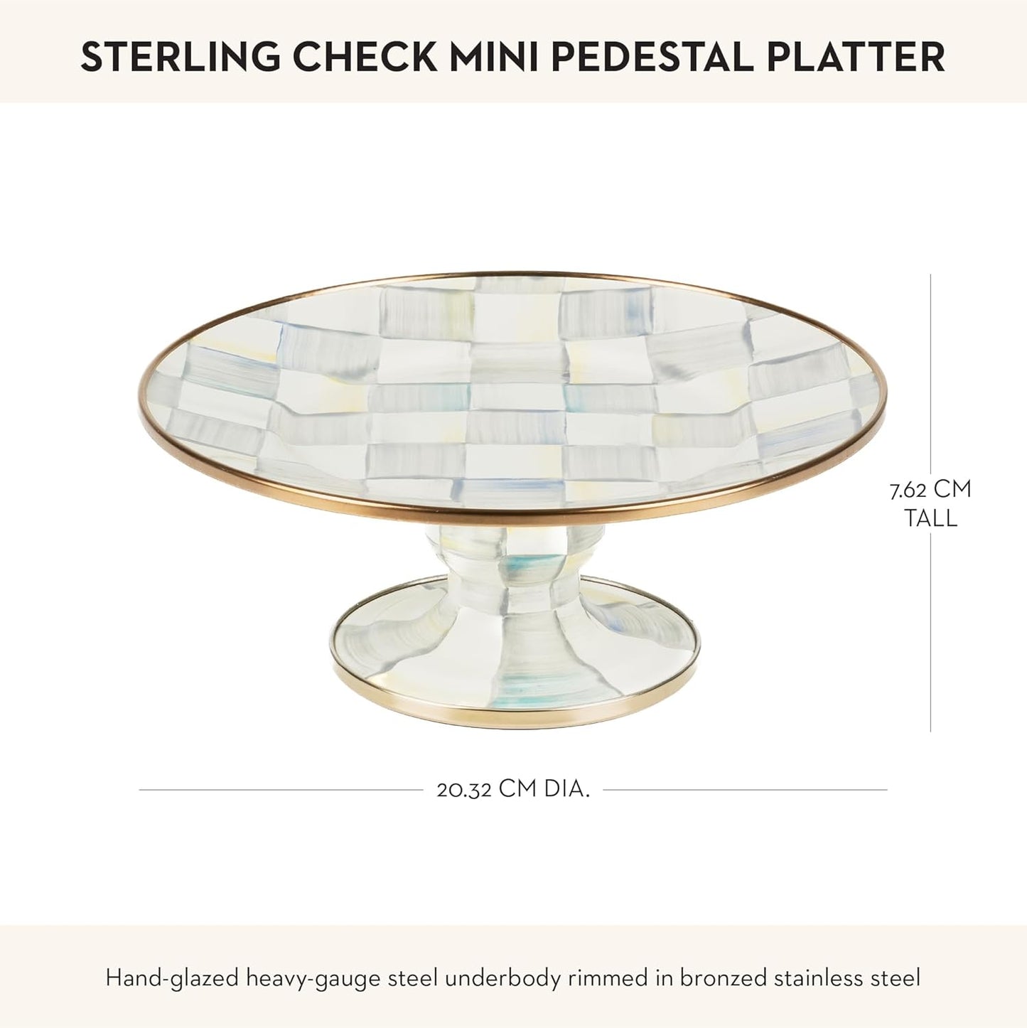 MACKENZIE-CHILDS Enamel Pedestal Platter, Round Cake Stand, Mini, Gray-and-White Sterling Check