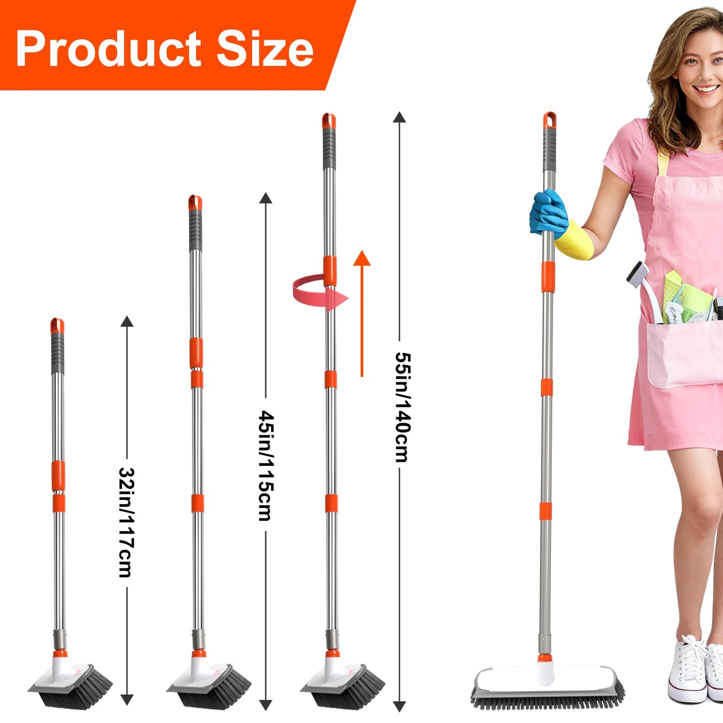 ITTAR 55" Extendable Floor Scrub Brush | 12" Wide 2-in-1 Scrub & Squeegee | Heavy-Duty Tile Scrubber Cleaner with Stiff Bristles for Shower Floor, Kitchen, Restaurant, Patio & Garage-Orange