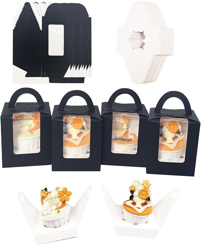Bakepacker Auto-pop up Individual Cupcake Boxes with Window 60 Count Black Single Cupcakes Box 3.7 x 3.7 x 4.3inch Cupcake Carrier