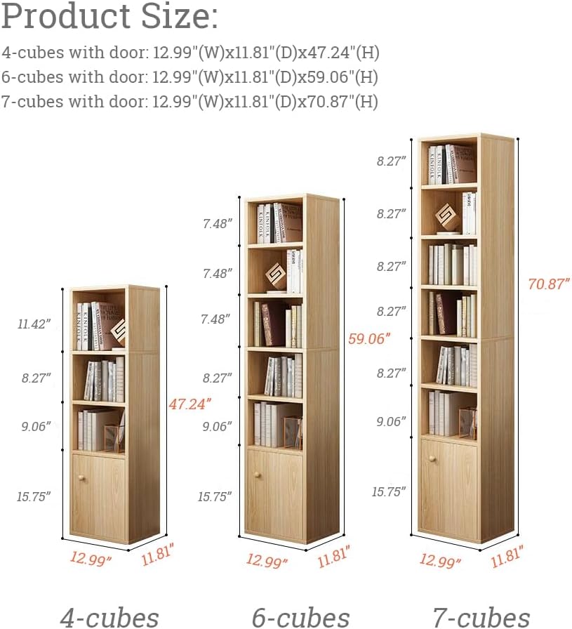 IOTXY Small Narrow Corner Bookcase - 71 Inches Tall Gap Freestanding Storage Cabinet, 7 Lattices Open Shelves Tower Rack with Door, Cubes Bookshelf in White