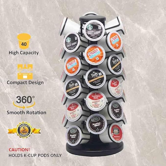 K Cup Holders,K Cup Holder, K Cups Holder,K Cup Carousel, Coffee Pods Holder Storage Organizer Stand (Black, 40 Pods Capacity)