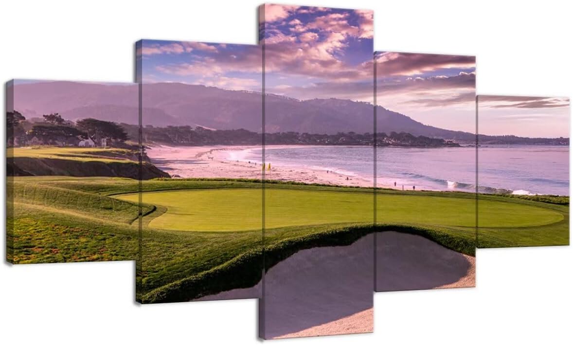 Pebble Beach Golf Course Hole 9th Wall Art Pictures Monterey California Golf Course Wall Decor for Living Room Bedroom Bathroom Home Decorations Canvas Prints Framed Ready to Hang(60''W x 40''H)