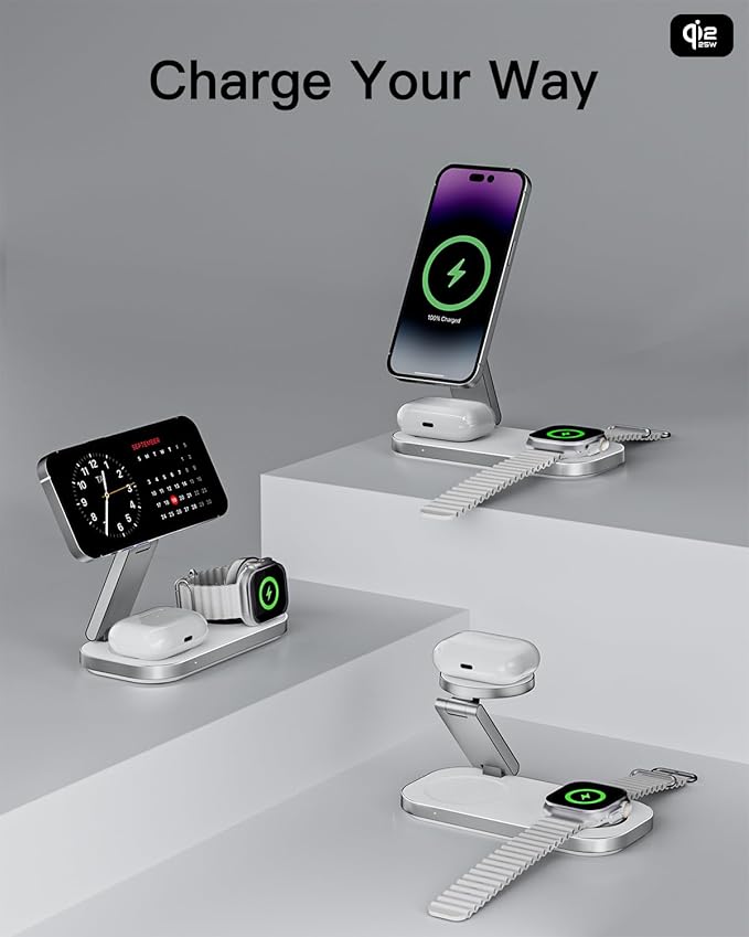 3-in-1 Charging Station for Apple Device, Qi2 25W Magnetic Wireless Foldable Fast Charger Stand Compatible with MagSafe for iPhone Air/17/16/15/14/13/12 Series, Apple Watch & AirPods