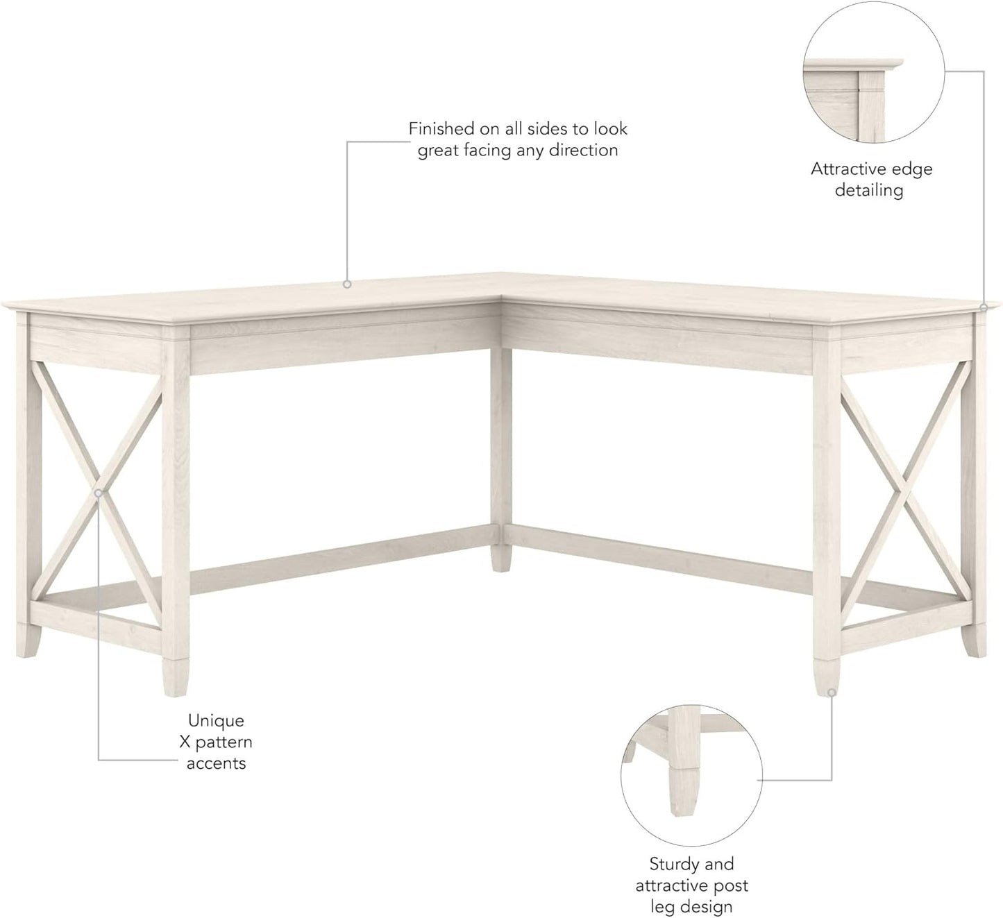 Bush Furniture Key West 60W Modern Farmhouse L Shaped Desk in Linen White Oak | 60-Inch Corner Table for Home Office