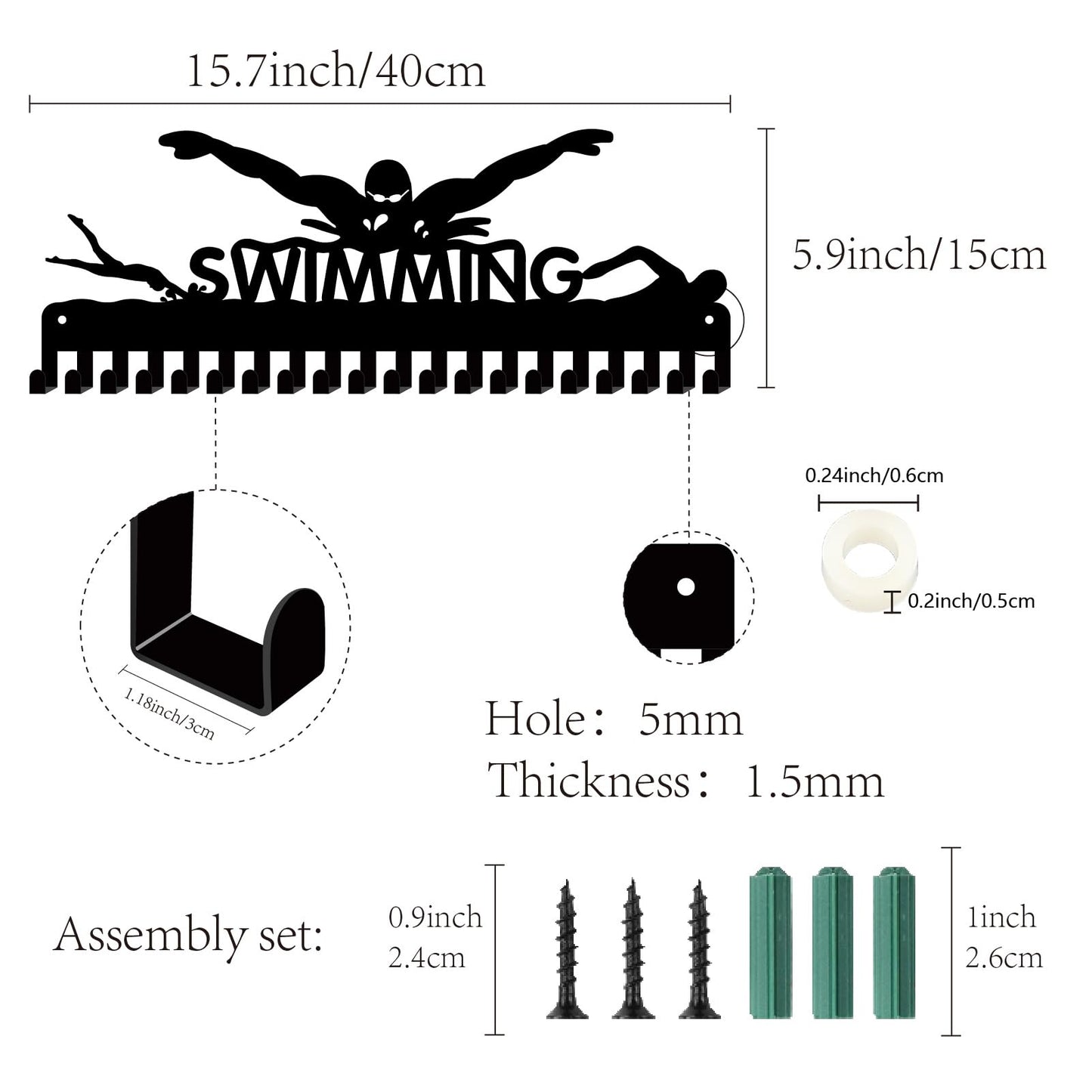 CREATCABIN Swimming Medal Holder Hanger Medals Hooks Sports Awards Display Rack Race Ribbons Organizer Black Metal Case Frame with 20 Hooks for Hanging Over 20 Medals Swimmer Medalist 15.7 x 5.9 Inch