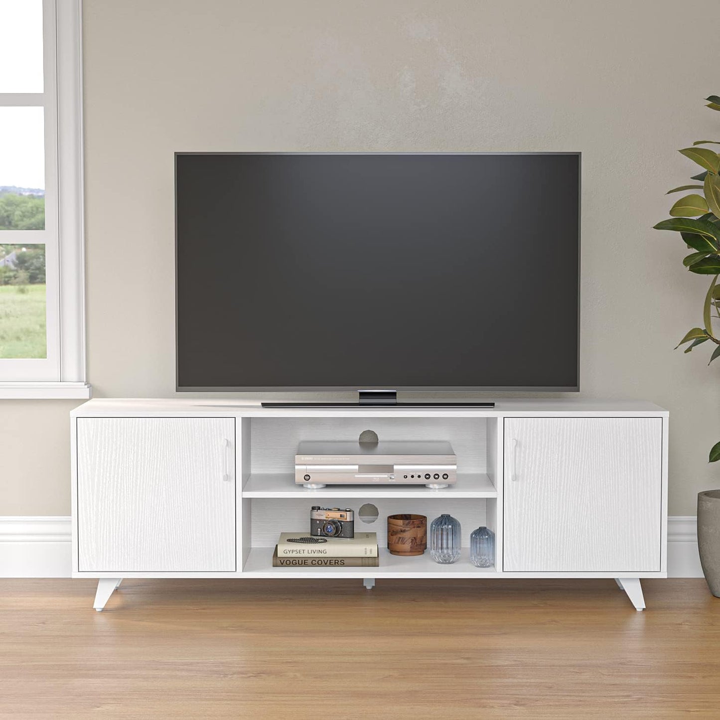 Panana TV Stand for TV up to 50 Inches, 2 Doors Entertainment Center with Open Shelves Storage, TV Console Unit for Living Room Bedroom (White)