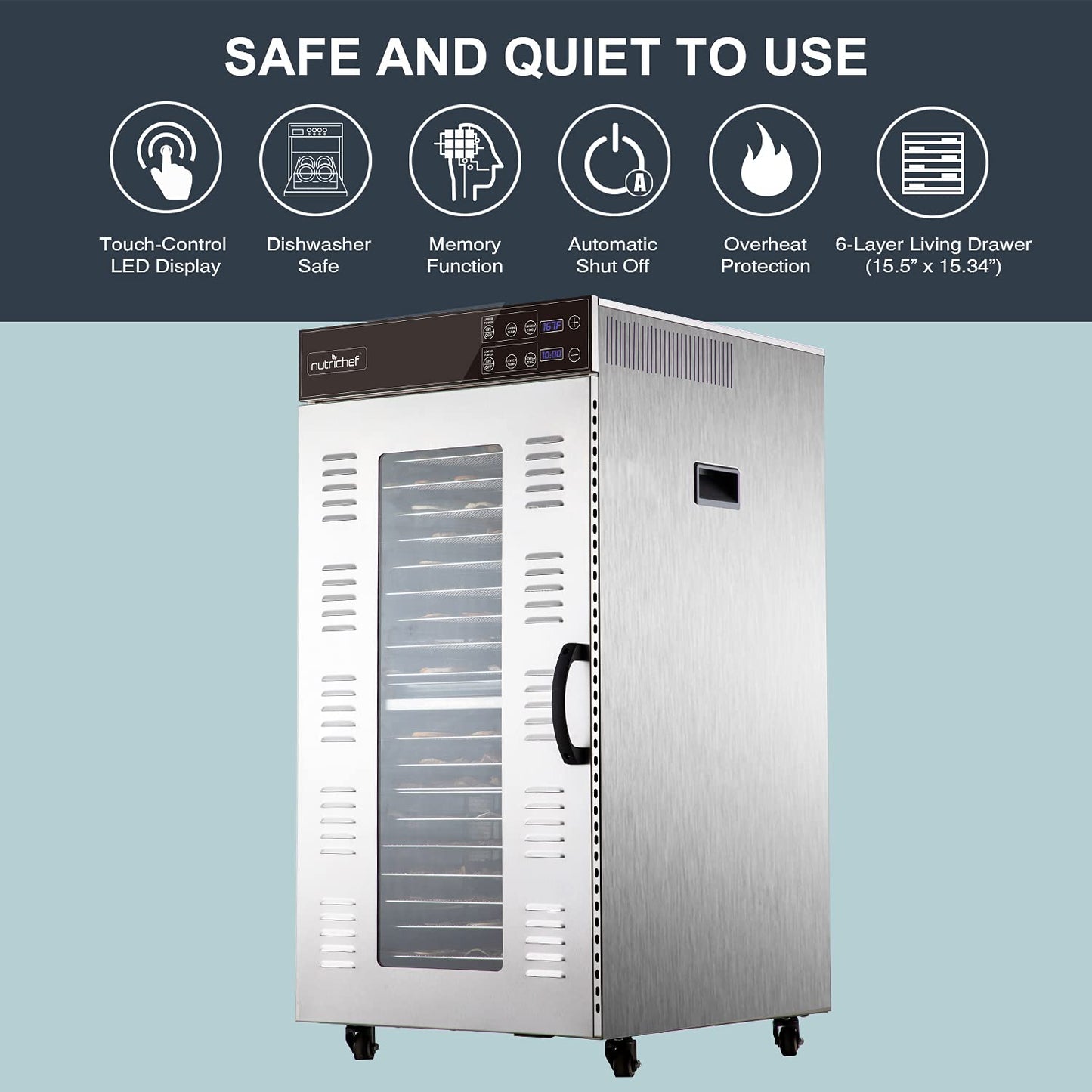 Nutrichef Commercial Electric Food Dehydrator Machine | 20 Shelf Extra Large Capacity - Stainless Steel Trays | 2000-Watts, Digi