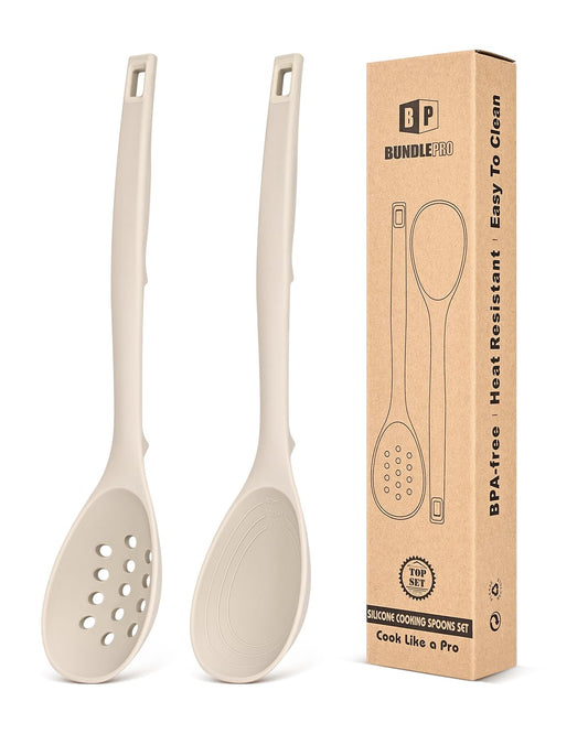 Pack of 2 Silicone Cooking Spoons, Non Stick Solid Kitchen Spoon with Measuring Marks & Back Hooks, Heat Resistant Silicone Slotted Spoon for Cooking, Mixing, Stirring,Serving(KHAKI)