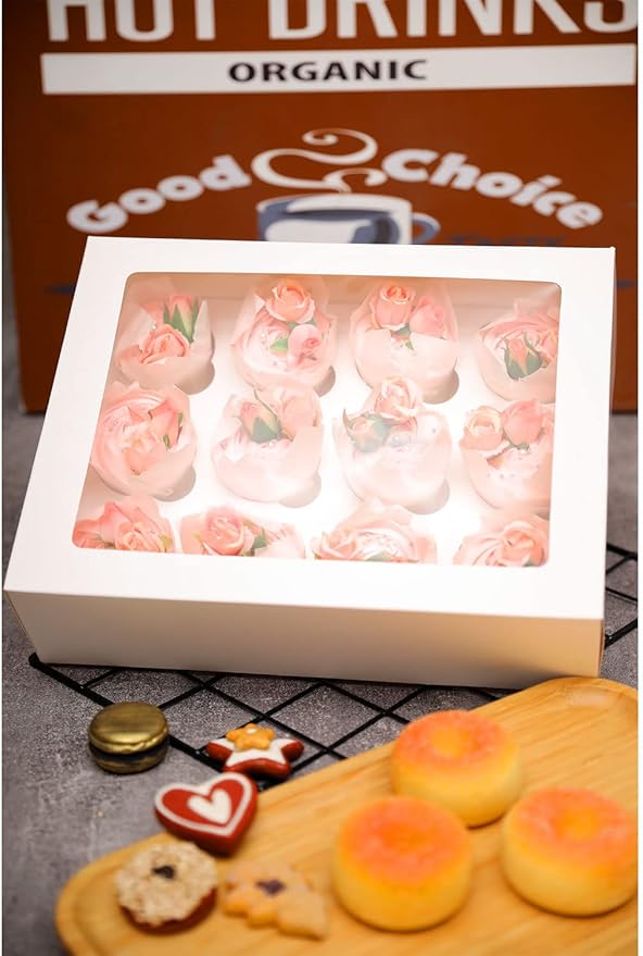 Bakepacker Auto-pop Up Cupcake Boxes with Window White 12PCS 12 Count Cupcake Box 13"x10"x3.5" Cupcakes Carrier, 12 Cupcake Containers with rolls of pink ribbons