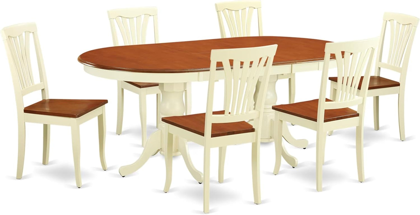 East West Furniture PLAV7-WHI-W 7 Piece Dining Set Consist of an Oval Dining Room Table with Butterfly Leaf and 6 Wood Seat Chairs, 42x78 Inch, Buttermilk & Cherry