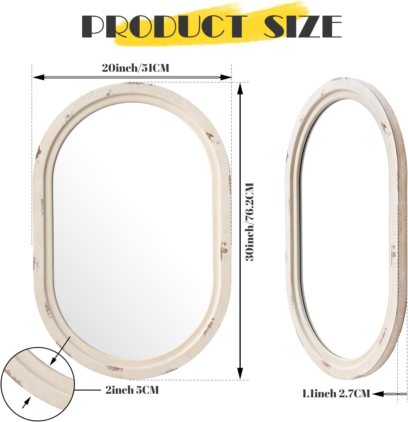 sawsile 20x30'' Rustic Oval Wood Mirror,Decorative Farmhouse Oval Mirrors,Vanity White Mirrors for Bedroom, Bathroom, Living Room,or Entryway
