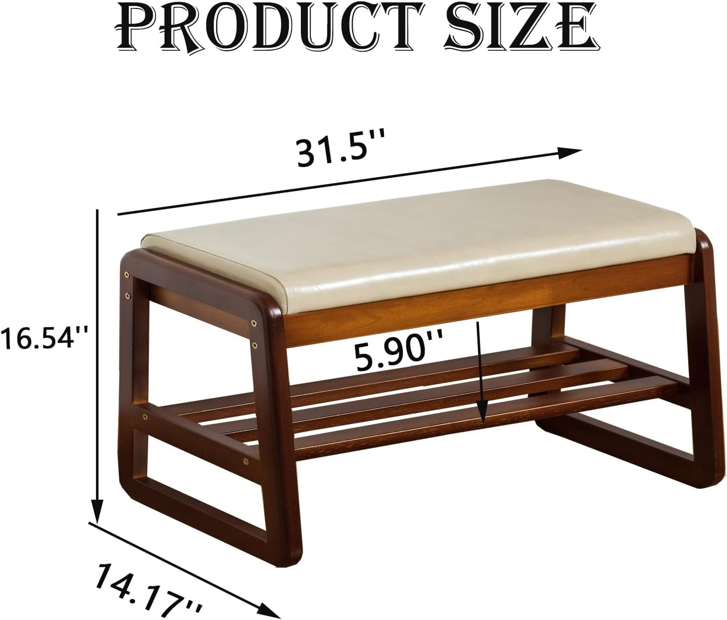 latifolia Solid Wood Bench, Entryway Shoe Bench with Cushion, 2 Tier Shoe Storage Organizer for Hallway, Living Room(Grey,31.50''L)