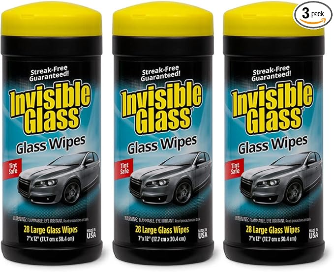 Invisible Glass 90166-3PK Large Glass Cleaning Wipes for Streak-Free Windows, Mirrors, and Glass, Lint-Free, Ammonia-Free, Tint-Safe, for Home and Auto, Canister, 28 Count (Pack of 3)
