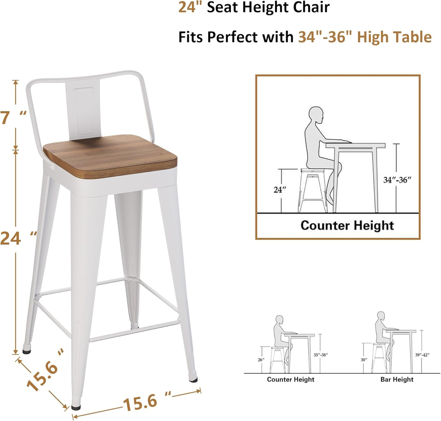 WENTMENT Metal Bar Stools Set of 4 Counter Height Stools Barstools with Removable Back 24" Kitchen Bar Stools with Wooden Seat, White
