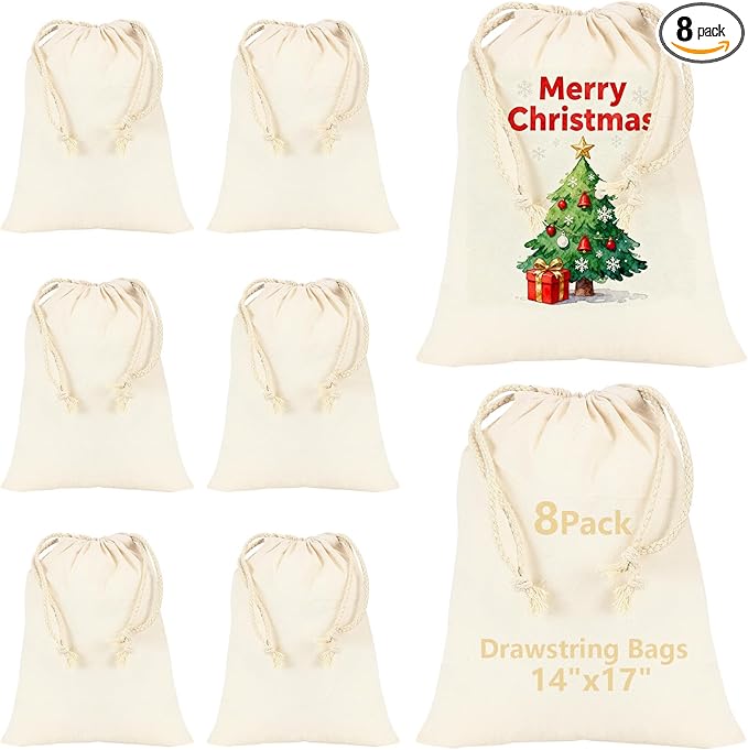 OKBA 8 Pack Cotton Muslin Drawstring Bags 14x17 Inch, Reusable Cloth Bags for DIY Projects, Grocery & Produce, Shoes, Potatoes, Onions and Christmas Storage, Eco-Friendly & Washable