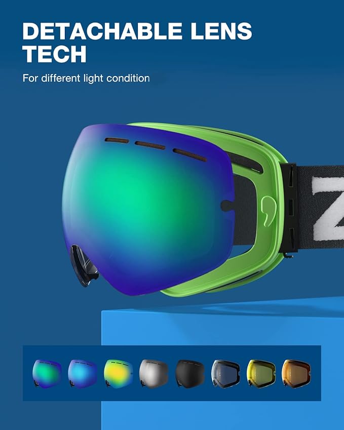 ZIONOR X Ski Goggles - OTG Snowboard Goggles Detachable Lens for Men Women Adult
