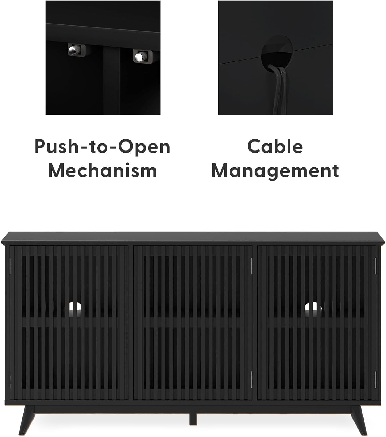 Plank+Beam Mid-Century Modern Wood TV Stand, Three Door Solid Wood Entertainment Console with Storage, 59" L x 16" W x 30" H, Black