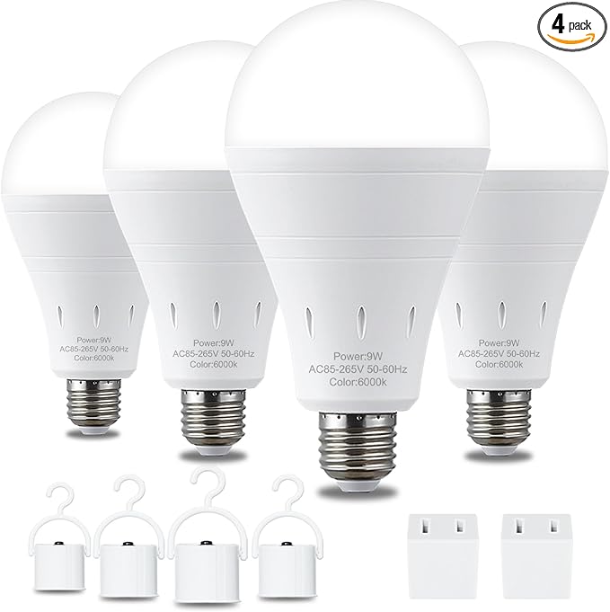 4 Pack Rechargeable Emergency Light Bulbs, Battery Powered Energy Efficient LED Light Bulb 6000K Daylight E26 120 Volt 9W 60W Equivalent with 1200mAh for Home Power Outage Camping Hurricane