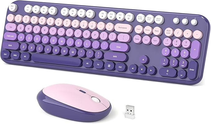 Wireless Keyboard and Mouse Combo, 104 Keys Full Size Typewriter Keyboards and 2.4 GHz USB Receiver Plug Play Mouse for Windows, PC, Laptop, Desktop (Purple)