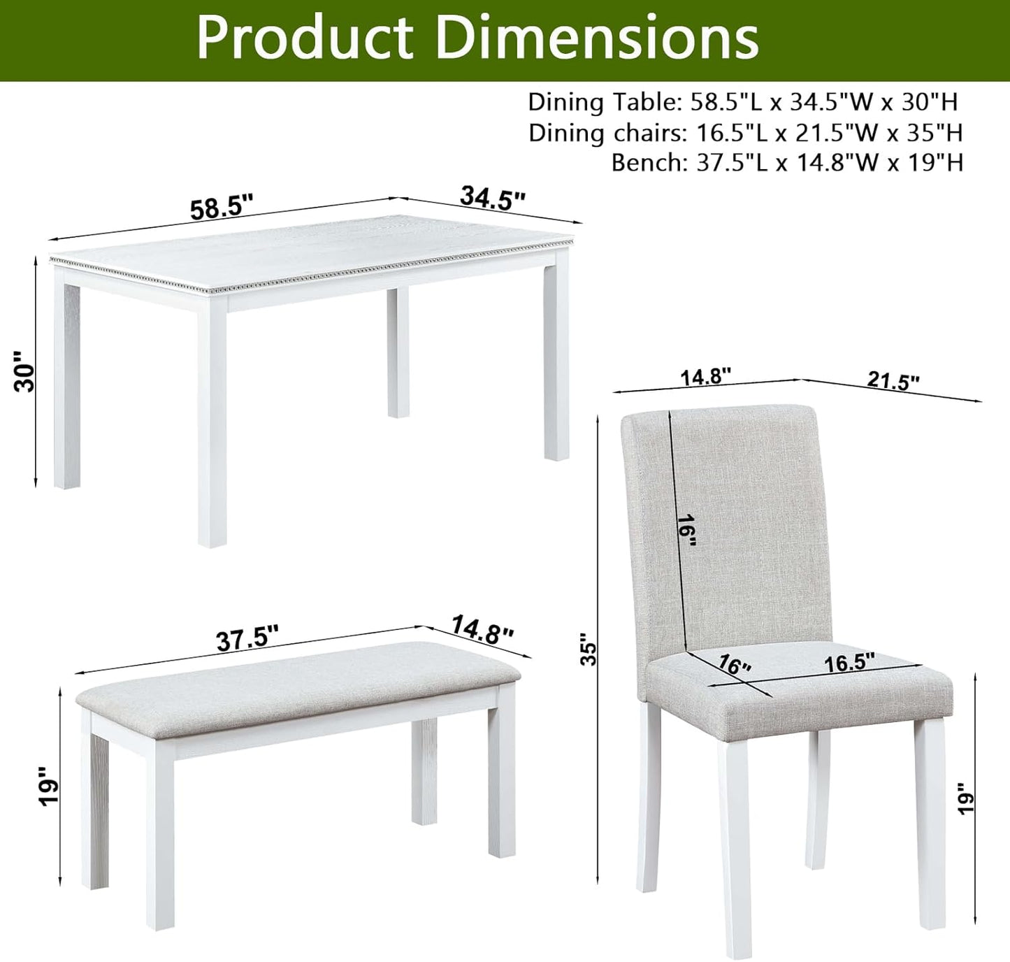 KEIKI 6-Piece Standard Height Dining Table Set with Rectangular Table, 4 Upholstered Chair, Bench, for 6 Person, Modern Crystal Decoration Table Set, Easy Assembly, for Kitchen, Dining Room, White