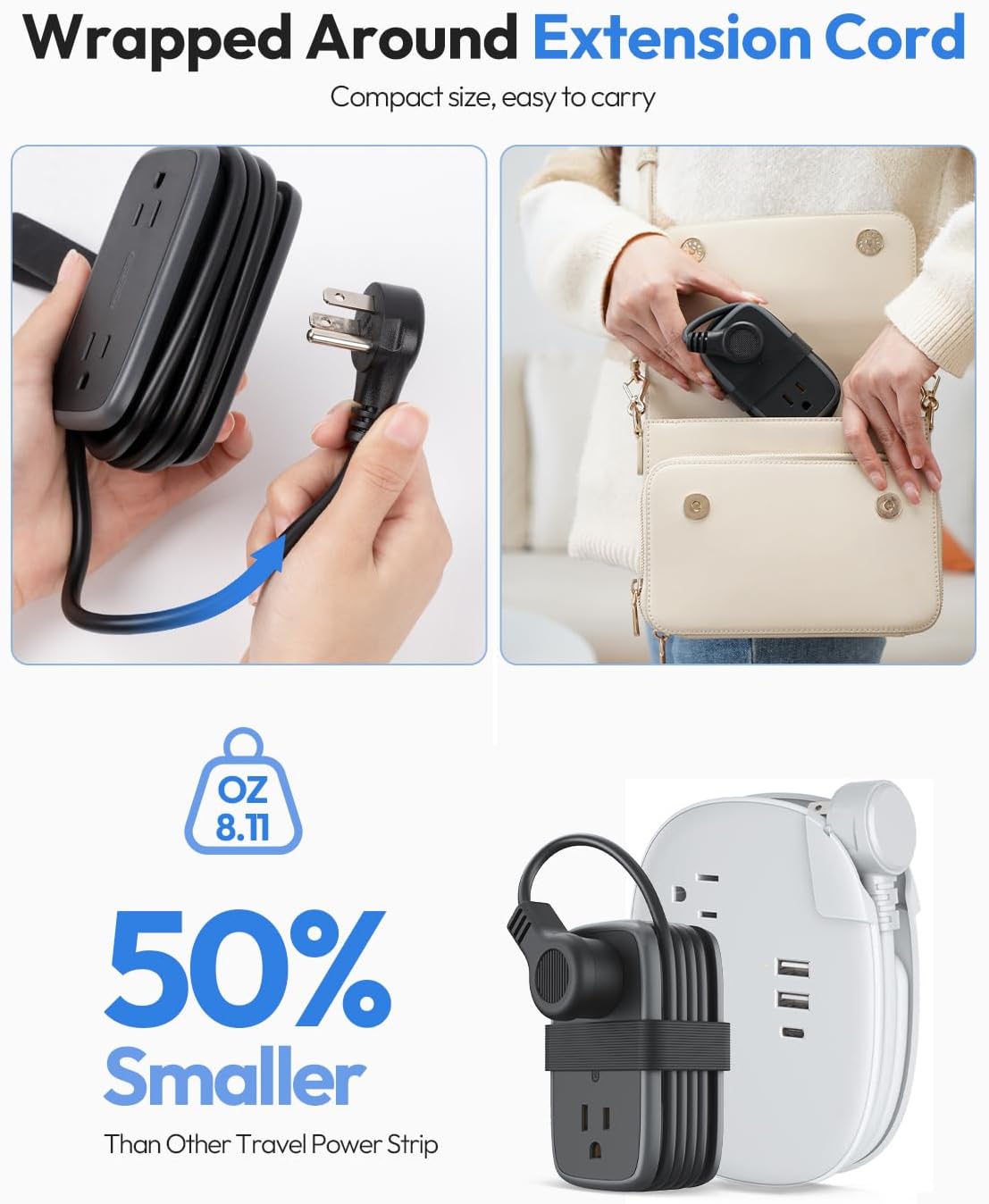 Travel Power Strip with USB C Port, NTONPOWER Flat Plug Extension Cord with 4 Outlets 3 USB (1 USB C) for Cruise Ship Essentials, 4ft Wrapped Short Extension Cord for Hotel Dorm Room,1 Pack