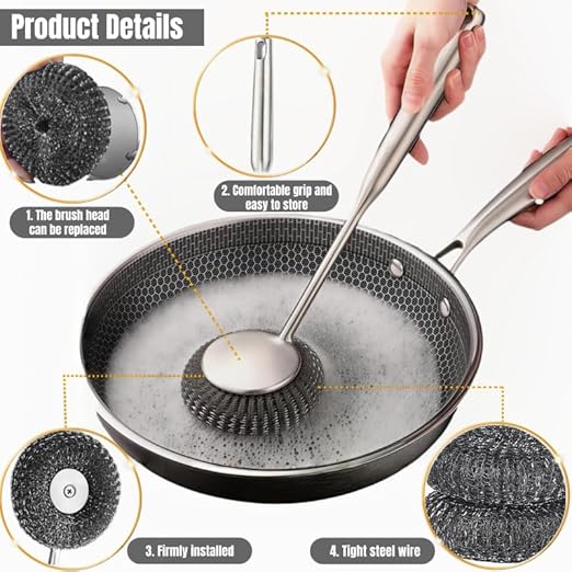 Steel Wool Scrubber with Handle: 7Pcs Stainless Steel Scrubber Brush Set – 1 Long Brushes,1 Short Brushes,4 Replaceable Pads,1 Screwdriver for Home Cooks,BBQ Enthusiasts,Anti-Scratch,for Kitchen