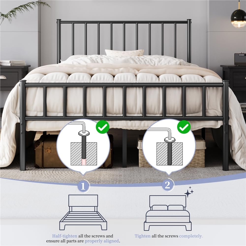 Yaheetech 14 Inch Queen Size Bed Frame Metal Platform Bed with Spindle Headboard Footboard/Mattress Foundation/No Box Spring Needed/Underbed Storage Space/Steel Slat Support/Easy Set up, Black