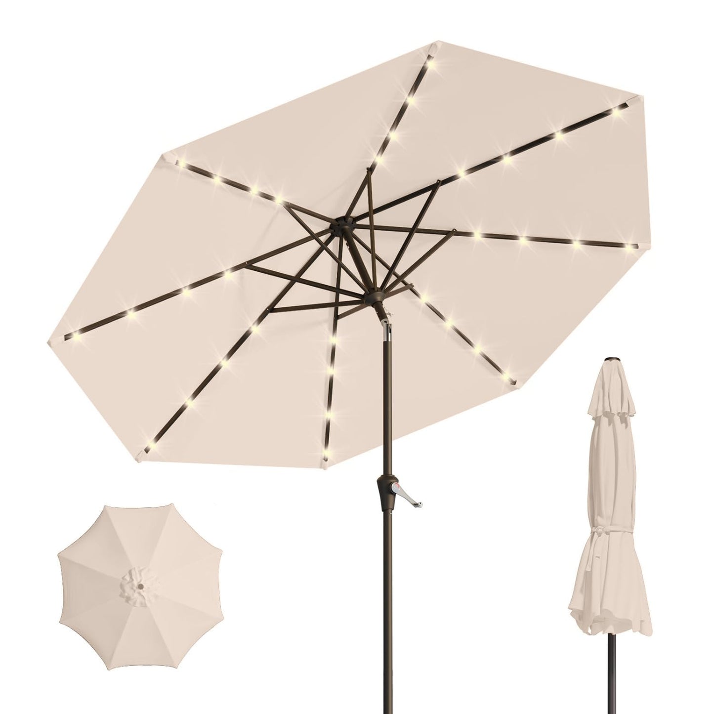 Patio Kingdom 10FT Solar Umbrella 32 LED Lighted Patio Umbrella Table Market Umbrella w/Tilt and Crank, UV-Resistant Outdoor Umbrella for Pool, Garden, Deck, Beige