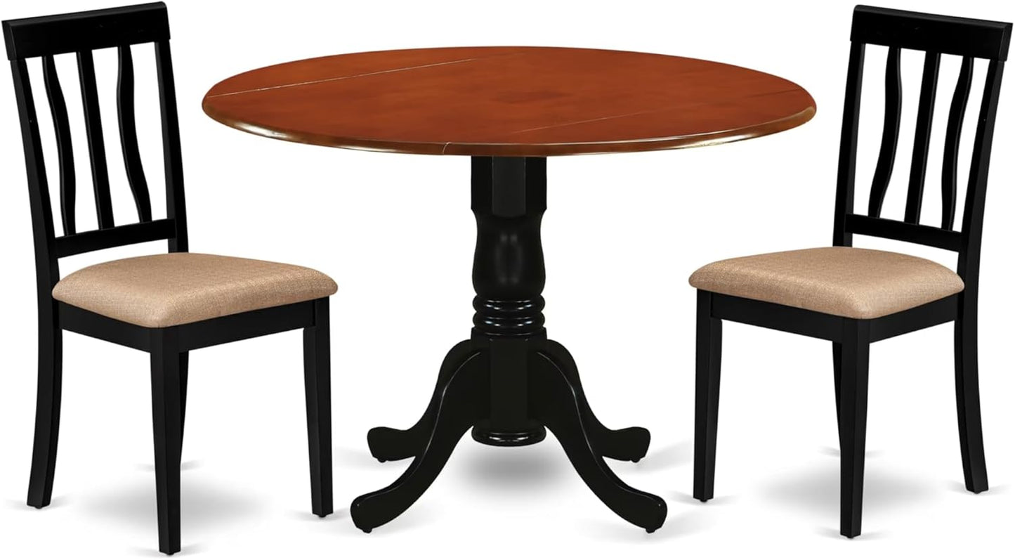 East West Furniture DLAN3-BCH-C 3 Piece Dining Room Table Set Contains a Round Kitchen Table with Dropleaf and 2 Linen Fabric Upholstered Dining Chairs, 42x42 Inch, Black & Cherry