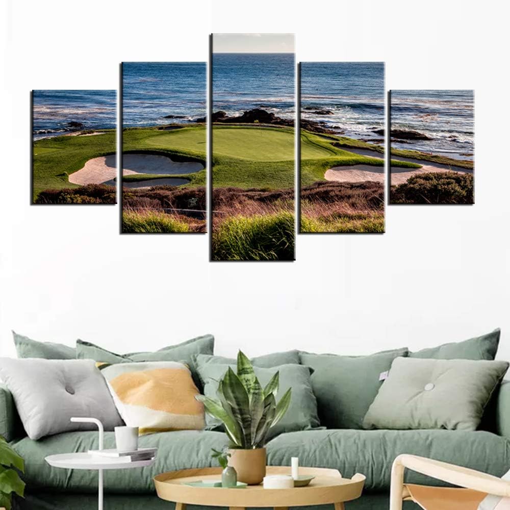 Pebble Beach Pictures for Living Room Golf Course Paintings Golfing Sports Wall Art 5 Pieces Prints on Canvas Seascape Artwork Country Home Decorations Framed Giclee Ready to Hang Gift(60''W x 32''H)