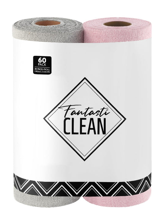 Fantasticlean Microfiber Cleaning Cloth Roll -60 Pack, Tear Away Microfiber Towels, 12" x 12", Reusable, Washable, Lint Free, Ultra Absorbent Dishcloth for All-Around Cleaning (Pink & Grey)
