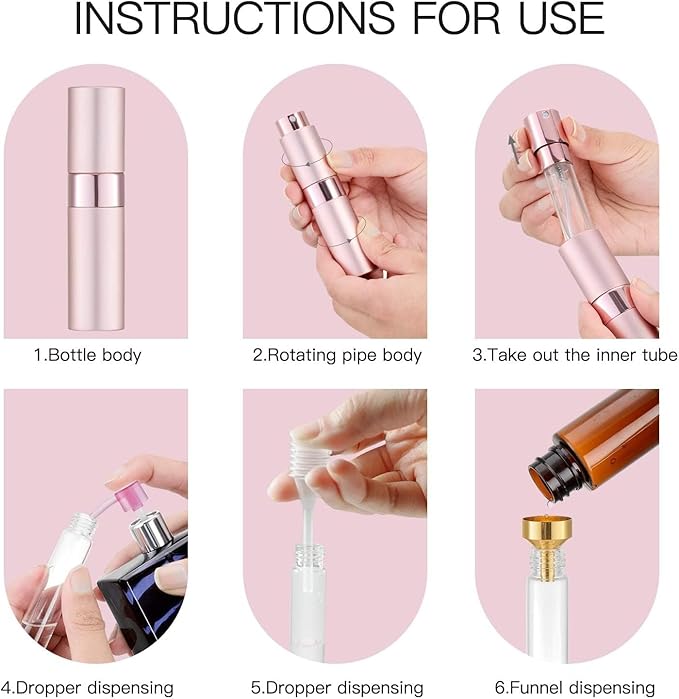 Tekson 8ml Travel Perfume Atomizer Refillable, Mini Cologne Spray Bottle Empty, Small Aftershave Portable Sprayer for Liquid Dispenser (Pink&Gold)