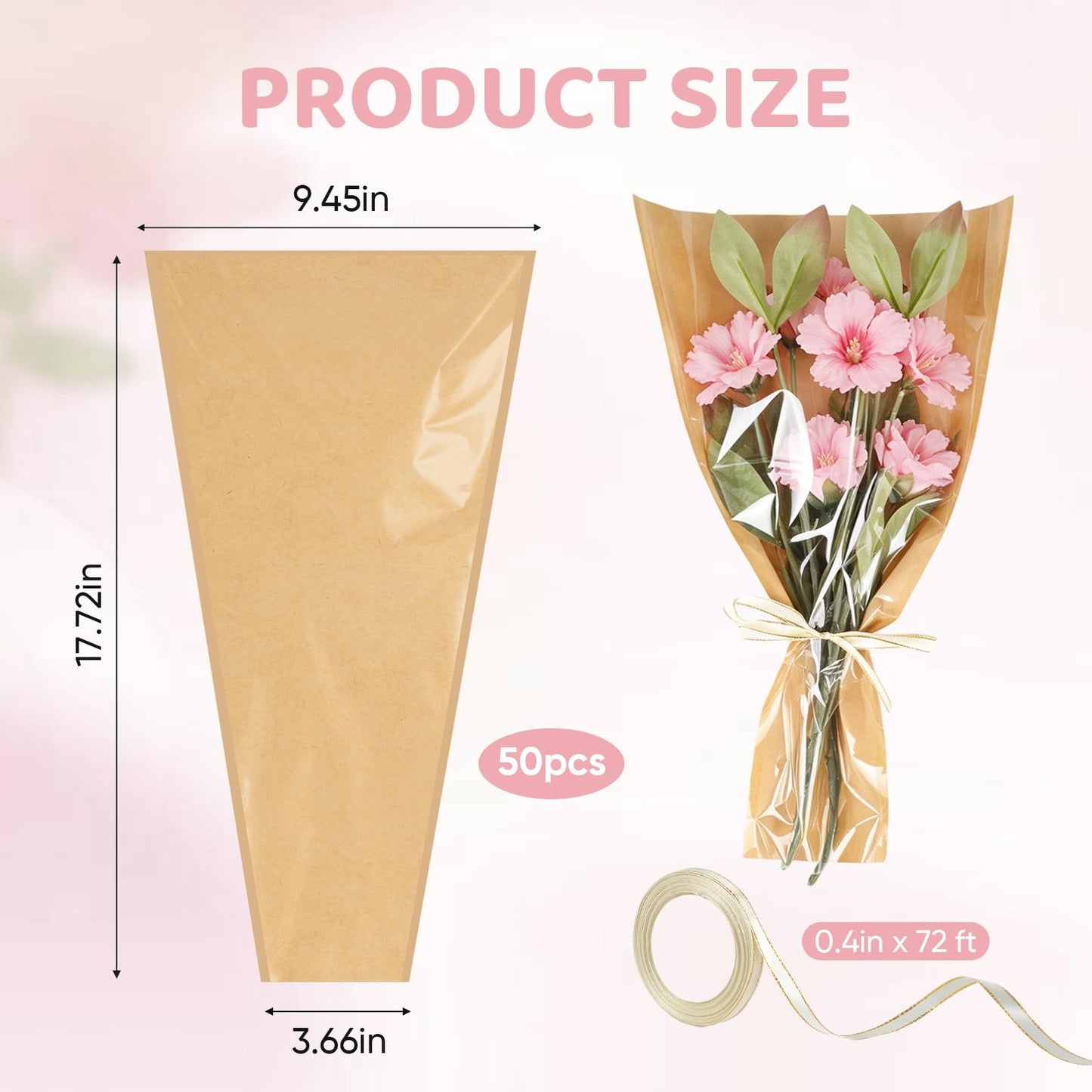 Wzifyf 50 PACK Flower Bags for Bouquets Flower Bouquet Holders Kraft Floral Wrapping Paper flower Sleeves Build Your Own Bouquet Bar with 72 Ft Ribbons for Valentine's Day Packaging Supplies