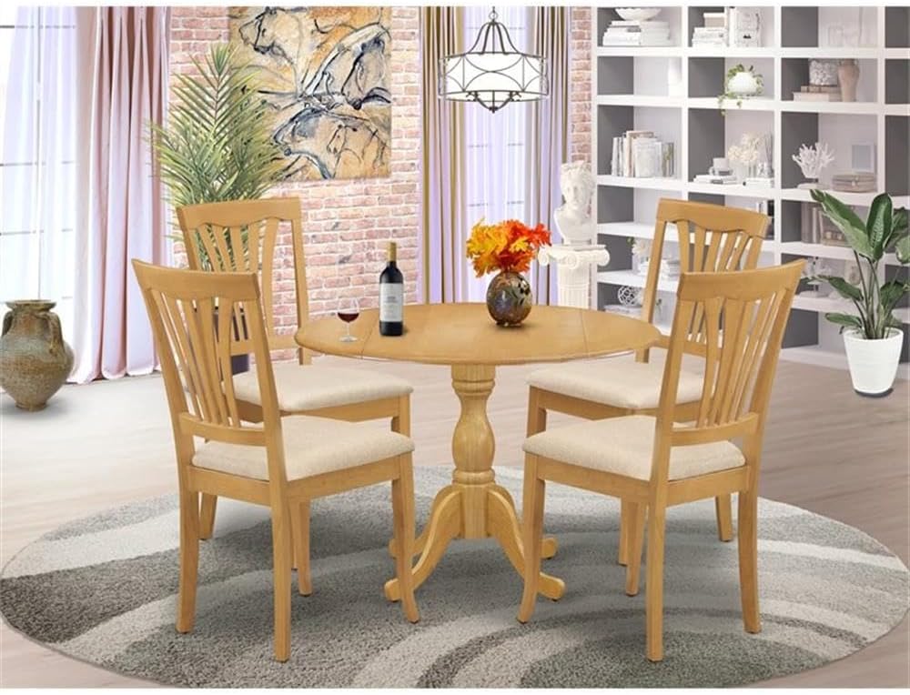 East West Furniture DMAV5-OAK-C 5 Piece Kitchen Table Set for 4 Includes a Round Dining Table with Dropleaf and 4 Linen Fabric Dining Room Chairs, 42x42 Inch, Oak