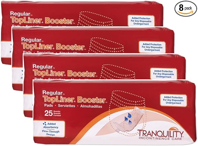 Tranquility TopLiner Disposable Booster Pads, Regular (14" x 4"), Flow-Through Design with Adhesive Strip for Max Absorption, Adult Unisex, 200ct Case